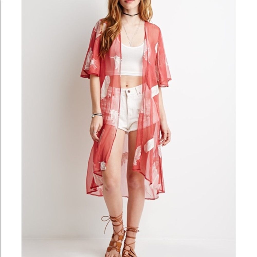 Forever 21 Feather Chiffon Kimono Duster